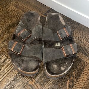 Birkenstock Women's Arizona Shearling Sandals- brown suede